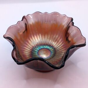 Vintage Stippled Ray Amethyst Carnival Glass Bowl